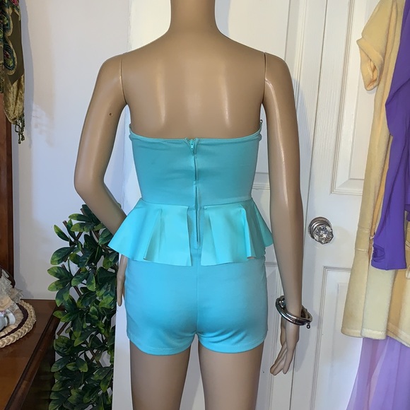 Turquoise strapless bustier leather peplum shorts romper playsuit jumpsuit S - Picture 3 of 15
